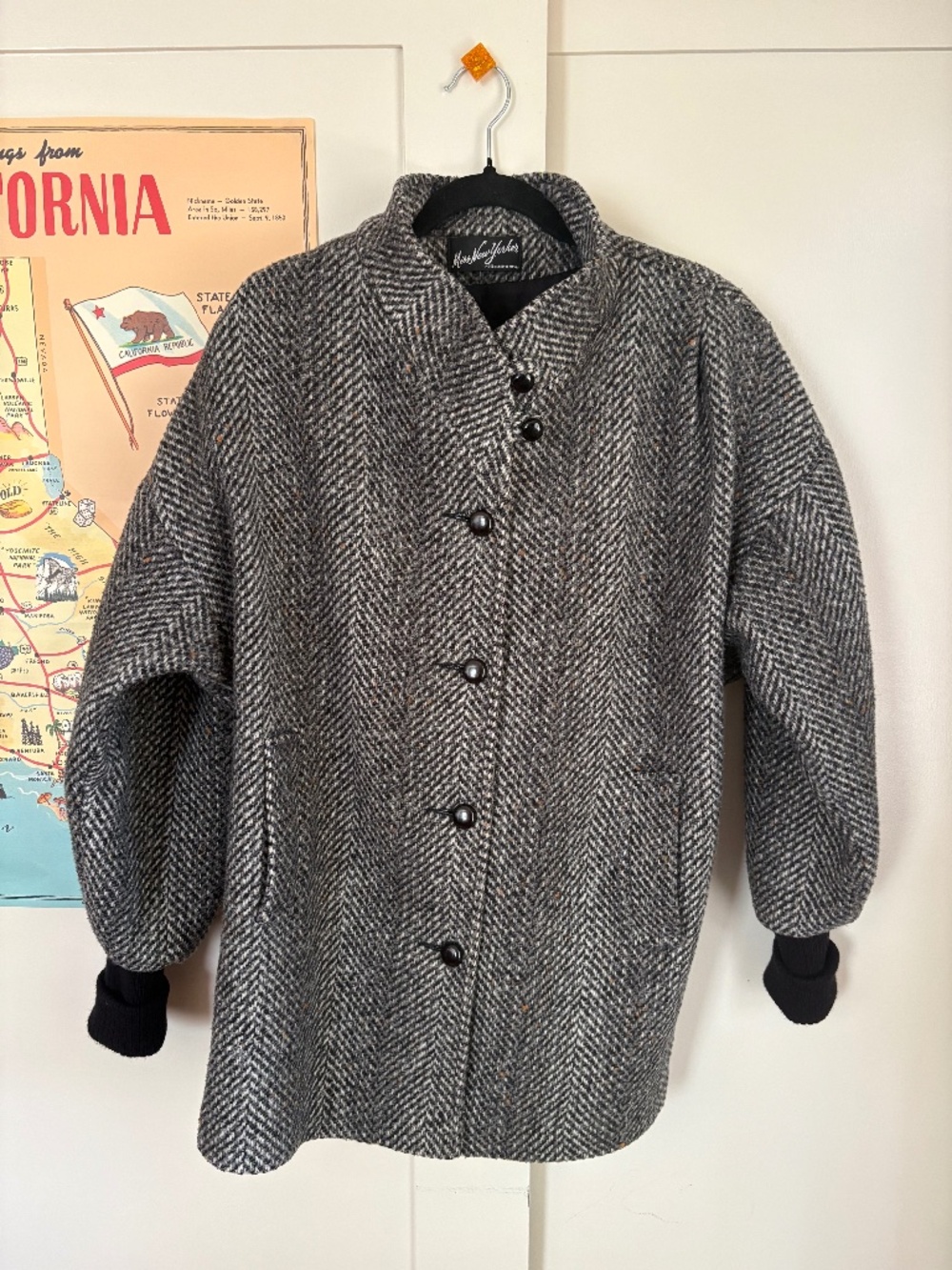 Vintage 80s Wool blend herringbone coat w/ribbed knit cuffs